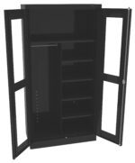 Tall black metal cabinet with two open doors, revealing multiple shelves and a vertical divider. The left side features adjustable shelf brackets, while the right side has fixed shelves. The doors have window panels.