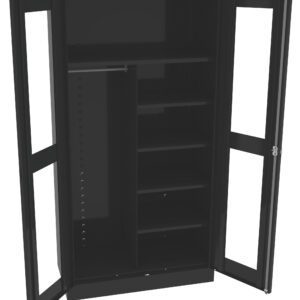 Tall black metal cabinet with two open doors, revealing multiple shelves and a vertical divider. The left side features adjustable shelf brackets, while the right side has fixed shelves. The doors have window panels.