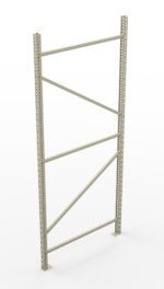 Metal shelving frame with vertical, perforated beams and diagonal cross-bracing on a white background. Designed for industrial or storage use.