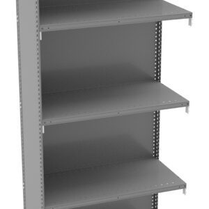 Gray metal shelving unit with five adjustable shelves, designed for storage and organization. The structure is sturdy with visible perforated holes on the sides for shelf positioning.
