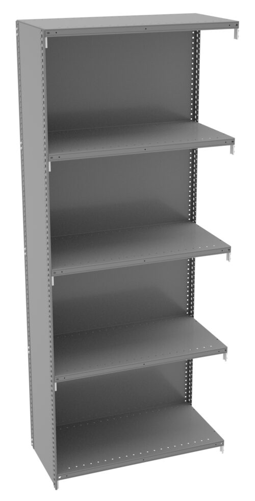 qdctc69ckjrj4ya5lzg1.jpg Gray metal shelving unit with five adjustable shelves, designed for storage and organization. The structure is sturdy with visible perforated holes on the sides for shelf positioning.