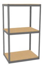 A metal shelving unit with three levels is shown. It has a simple, rectangular frame and wooden shelves, suitable for storage or organization in a home, office, or garage setting.