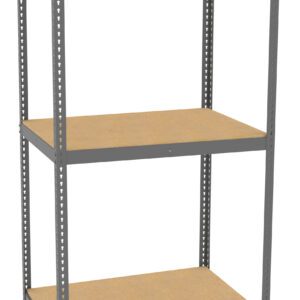 A metal shelving unit with three levels is shown. It has a simple, rectangular frame and wooden shelves, suitable for storage or organization in a home, office, or garage setting.