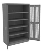 A gray metal storage cabinet with one door open, revealing five empty shelves inside. The open door features a perforated diamond pattern for ventilation.
