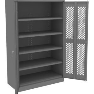 A gray metal storage cabinet with one door open, revealing five empty shelves inside. The open door features a perforated diamond pattern for ventilation.