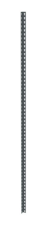 A long, narrow, dark gray metal T-post with uniformly spaced triangular holes along its length. The post is set against a plain white background.