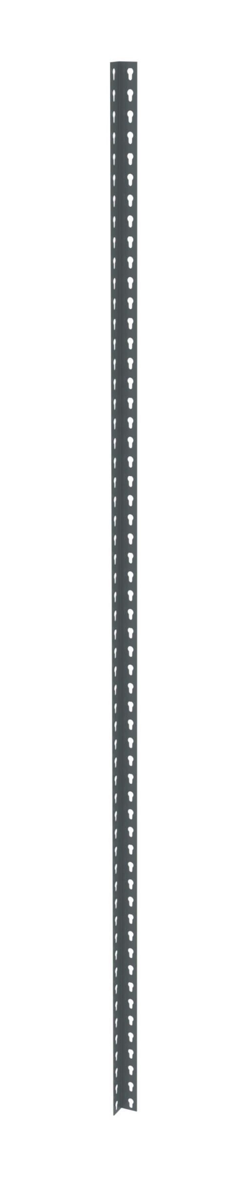 A long, narrow, dark gray metal T-post with uniformly spaced triangular holes along its length. The post is set against a plain white background.