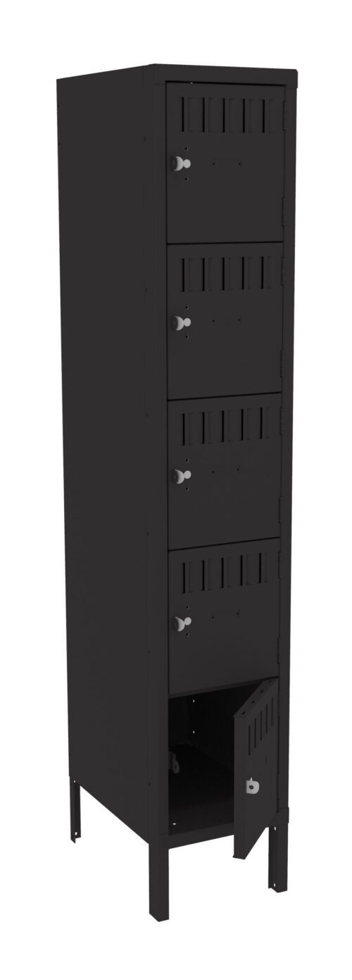qeaf1pijsobnqsasyweo.jpg A tall black metal locker with five compartments, each with a small vented door. The bottom door is slightly open, revealing an empty space inside. The locker stands against a plain white background.