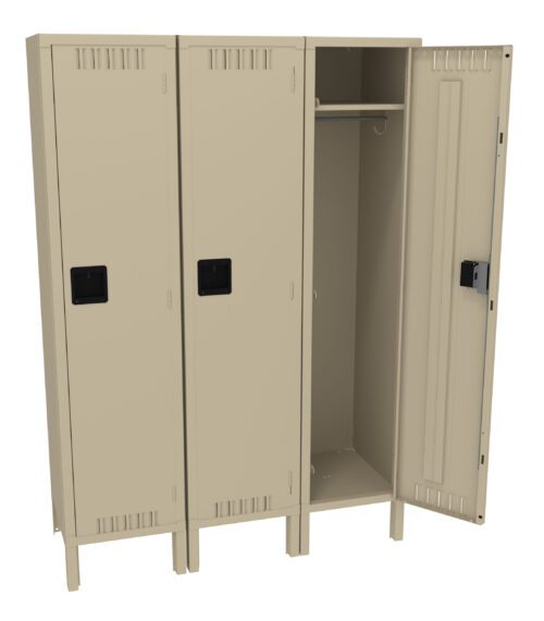 A beige metal locker with three compartments stands open. The left and middle doors are closed, while the right door is open, revealing a hanging rod and an empty interior. Each door has a black handle and ventilation slots near the top and bottom.