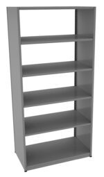 A tall, gray metal bookshelf with six evenly spaced shelves, designed for storage and organization. The shelves appear empty, and the unit is standing against a white background.