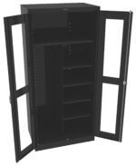 A black metal storage cabinet with open glass doors is shown. The interior features multiple adjustable shelves on the right side and a large open space on the left for hanging items. The design is simple and modern.