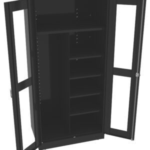 A black metal storage cabinet with open glass doors is shown. The interior features multiple adjustable shelves on the right side and a large open space on the left for hanging items. The design is simple and modern.