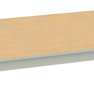 A light brown wooden shelf panel with a metal frame. The panel is rectangular and has metal brackets on the sides for attachment. The overall appearance is simple and industrial.