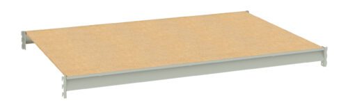 A light brown wooden shelf panel with a metal frame. The panel is rectangular and has metal brackets on the sides for attachment. The overall appearance is simple and industrial.