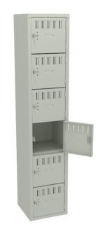 A tall, gray metal locker with six compartments. The third compartment is open, showing the interior, while the others remain closed. Each compartment has a vented design and a small label holder on the front.