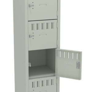 A tall, gray metal locker with six compartments. The third compartment is open, showing the interior, while the others remain closed. Each compartment has a vented design and a small label holder on the front.