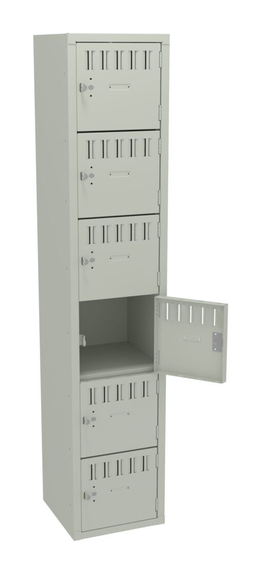 A tall, gray metal locker with six compartments. The third compartment is open, showing the interior, while the others remain closed. Each compartment has a vented design and a small label holder on the front.
