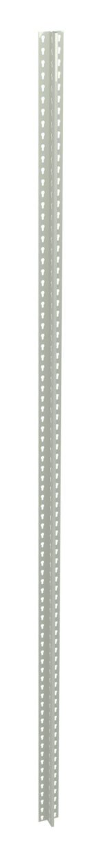 A long, narrow, vertical metal strip with evenly spaced holes along its length, designed for shelving or structural support. The strip is light gray and appears to have a slight reflective surface.
