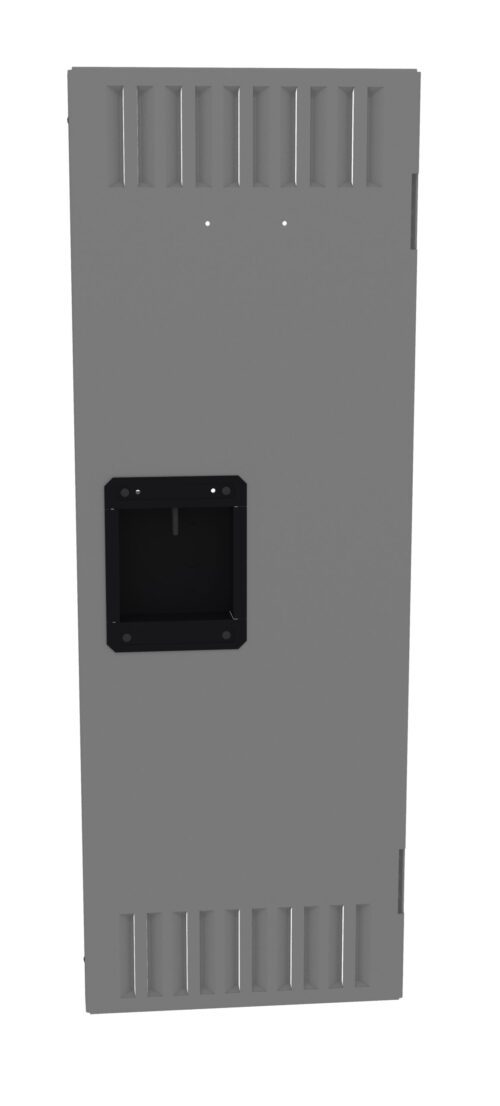 qfbc3emqubemftg44vst.jpg A tall, rectangular gray metal cabinet door with a set of vertical ventilation slits at the top and bottom. There is a black, recessed handle in the center for opening the door.