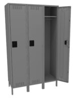 Three gray metal lockers stand side by side. Two are closed, while one is open, revealing an empty interior with a hanging rod inside. Each locker has a rectangular black handle and small ventilation slots at the top and bottom.