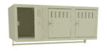 Three beige lockers are aligned horizontally. The first locker is open, revealing its interior, while the other two are closed. Each locker has a lock and ventilation slits at the top. A support bar runs underneath the lockers.