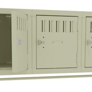Three beige lockers are aligned horizontally. The first locker is open, revealing its interior, while the other two are closed. Each locker has a lock and ventilation slits at the top. A support bar runs underneath the lockers.