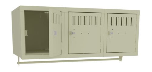 qfdmykxhpqhsjazqnz6v.jpg Three beige lockers are aligned horizontally. The first locker is open, revealing its interior, while the other two are closed. Each locker has a lock and ventilation slits at the top. A support bar runs underneath the lockers.