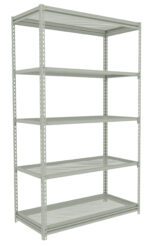 A tall, empty metal shelving unit with five perforated shelves. The unit is light gray and has a simple, industrial design. Each shelf is evenly spaced and supported by vertical beams with holes.