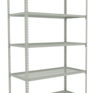 A tall, empty metal shelving unit with five perforated shelves. The unit is light gray and has a simple, industrial design. Each shelf is evenly spaced and supported by vertical beams with holes.