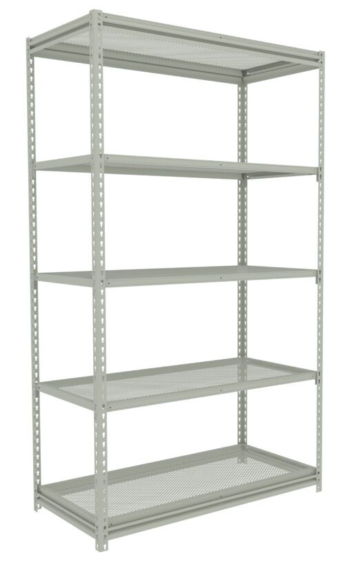 A tall, empty metal shelving unit with five perforated shelves. The unit is light gray and has a simple, industrial design. Each shelf is evenly spaced and supported by vertical beams with holes.