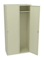 Open beige metal locker with two doors, one slightly ajar. Inside, there is a clothes rail and a shelf above. The locker is empty, showcasing its spacious interior.