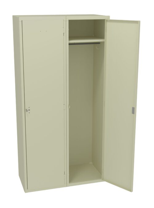 Open beige metal locker with two doors, one slightly ajar. Inside, there is a clothes rail and a shelf above. The locker is empty, showcasing its spacious interior.