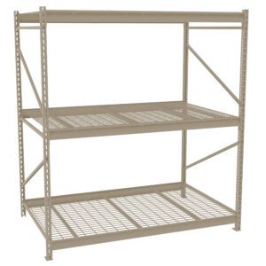 A beige metal shelving unit with three levels, featuring wire mesh shelves and diagonal support bars. The unit is empty and designed for storage or organization in a warehouse or garage setting.