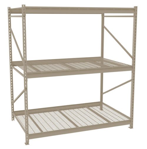 A beige metal shelving unit with three levels, featuring wire mesh shelves and diagonal support bars. The unit is empty and designed for storage or organization in a warehouse or garage setting.
