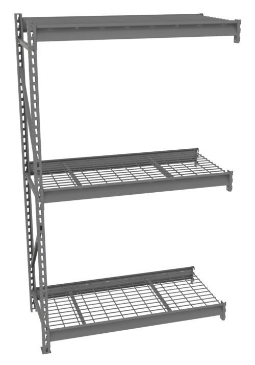 qfoqj3zfdp0q84xnl2uq.jpg A three-tier gray metal shelving unit with wire grid shelves and a solid top shelf. Each shelf is supported by a vertical frame, creating a sturdy storage solution.
