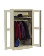 A beige metal wardrobe with open doors showing several coats and jackets hanging inside. There are also a few bags placed on the bottom shelf.