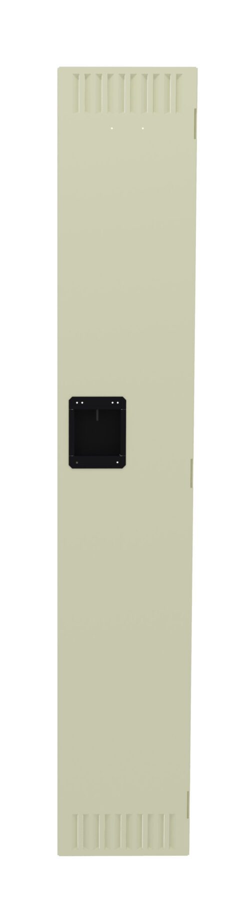 qg0cfvfgbqpcanema72a.jpg A tall, rectangular beige metal door with a black rectangular inset panel near the center. The top and bottom have a series of vents for airflow. The door appears to be part of an industrial or utility setup.