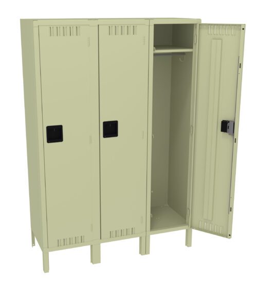 qgcllfmuvuqnuaoeglc5.jpg Beige metal locker with three compartments, one open. The open compartment shows a shelf and a hanging rod. Each compartment has a black handle. The locker stands on short legs.