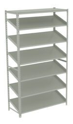 A tall, grey metal shelving unit with six evenly spaced shelves. The structure is sturdy, featuring perforated edges for adjustable shelf heights. The design is minimalistic, suitable for storage or organizational purposes in various settings.