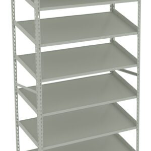 A tall, grey metal shelving unit with six evenly spaced shelves. The structure is sturdy, featuring perforated edges for adjustable shelf heights. The design is minimalistic, suitable for storage or organizational purposes in various settings.