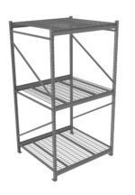 A gray metal shelving unit with three levels and mesh wire shelves, supported by vertical posts and horizontal braces, designed for industrial or warehouse storage.