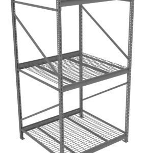 A gray metal shelving unit with three levels and mesh wire shelves, supported by vertical posts and horizontal braces, designed for industrial or warehouse storage.