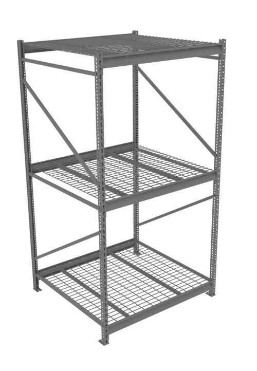 A gray metal shelving unit with three levels and mesh wire shelves, supported by vertical posts and horizontal braces, designed for industrial or warehouse storage.
