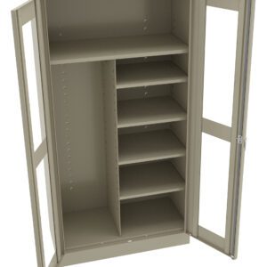 A beige, tall storage cabinet with two open doors and several internal shelves. The left side has two larger shelves, while the right side has multiple smaller shelves, designed for organized storage.