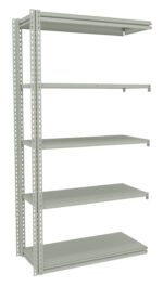 A tall, metal shelving unit with five adjustable shelves. The unit is gray and has a sturdy, industrial design. Suitable for storage in a garage or warehouse setting.