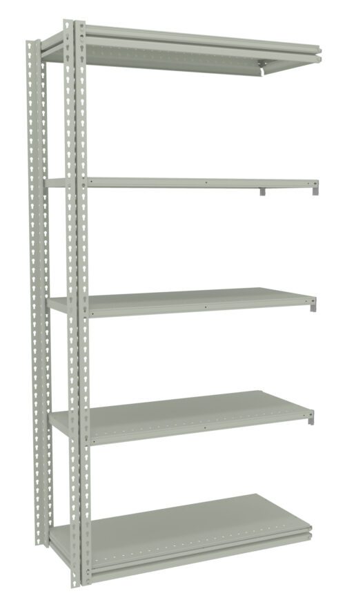 A tall, metal shelving unit with five adjustable shelves. The unit is gray and has a sturdy, industrial design. Suitable for storage in a garage or warehouse setting.