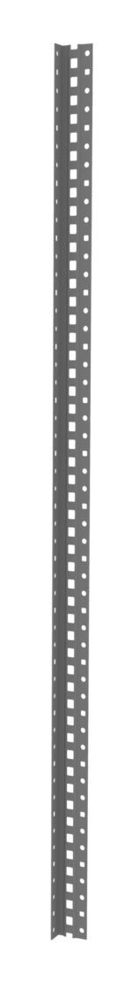 A tall, vertical metal rail with a series of evenly spaced square holes running along its length. The rail appears gray and is designed for mounting equipment in a structured and organized manner.