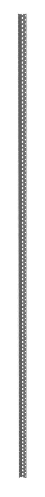 A long, vertical metal strip with evenly spaced rectangular cutouts along its length, set against a white background.