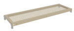 A beige perforated metal shelf with rounded corners and brackets on each end for mounting. The surface features a grid of circular holes, allowing for ventilation or drainage. The shelf has a simple, utilitarian design.