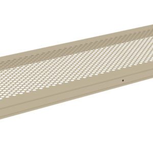 A beige perforated metal shelf with rounded corners and brackets on each end for mounting. The surface features a grid of circular holes, allowing for ventilation or drainage. The shelf has a simple, utilitarian design.